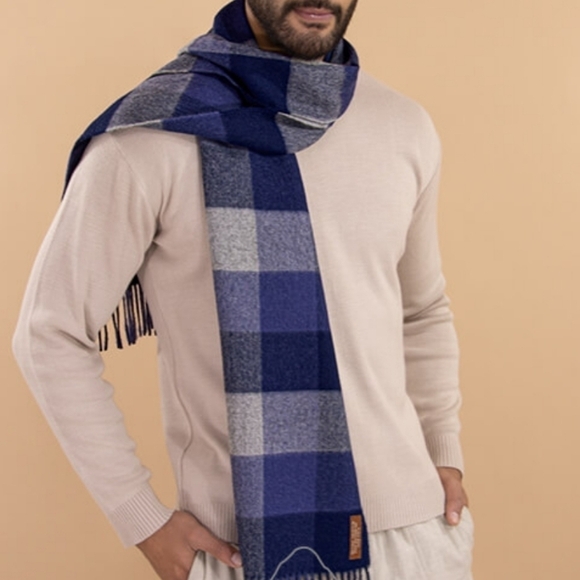 Classic Alpaca 100% Baby Alpaca Woven Buffalo Plaid Scarf Blue Winter Warm - Picture 2 of 8